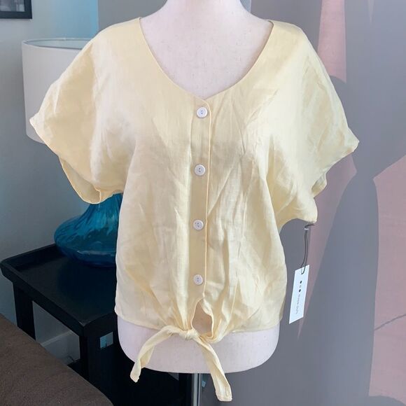 Three Dots linen v-neck button up tie waist yellow blouse size small - Picture 1 of 7